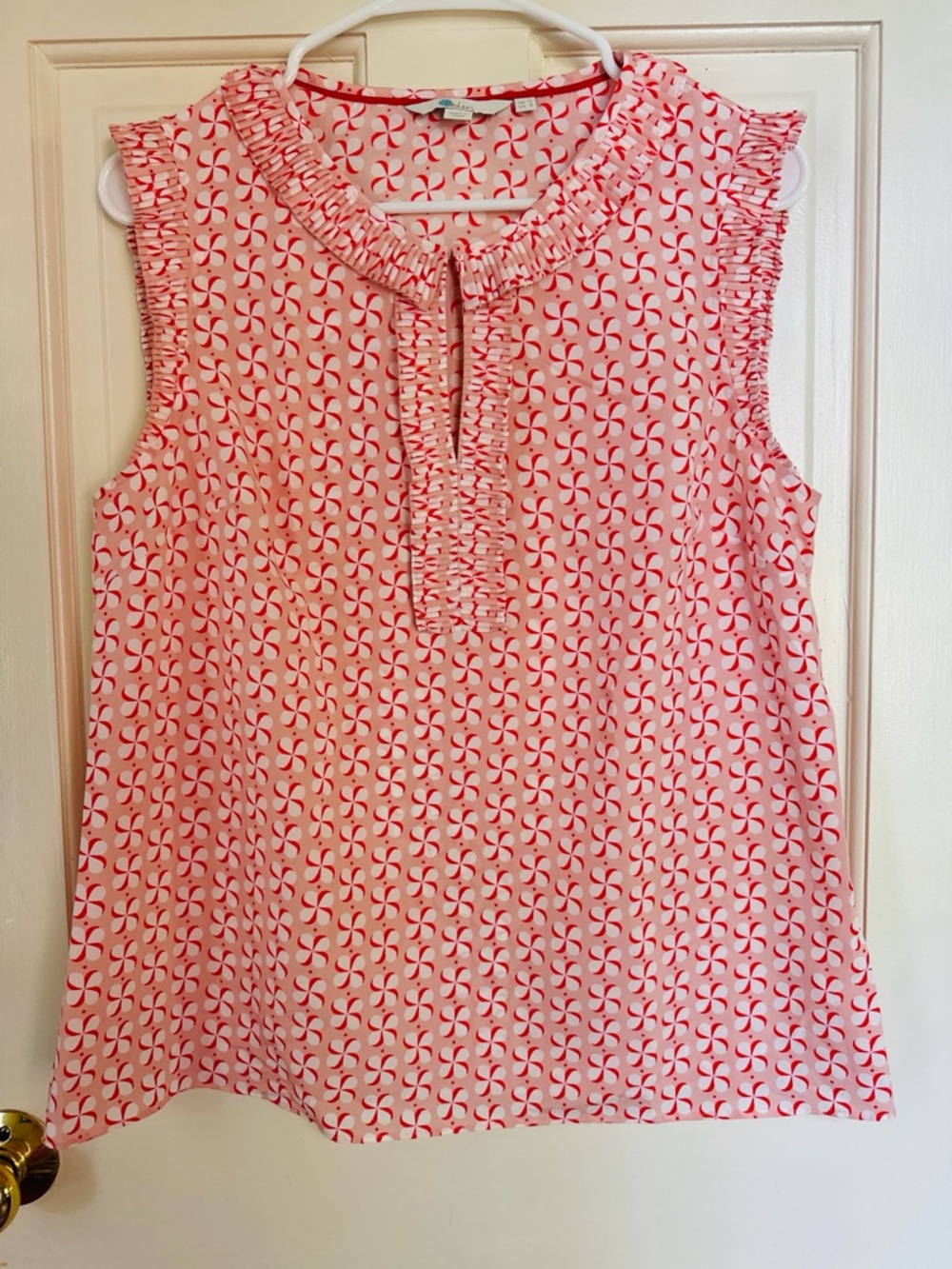 Boden Pink Orange Print Ruffle Neck Sleeveless Blouse Size 8